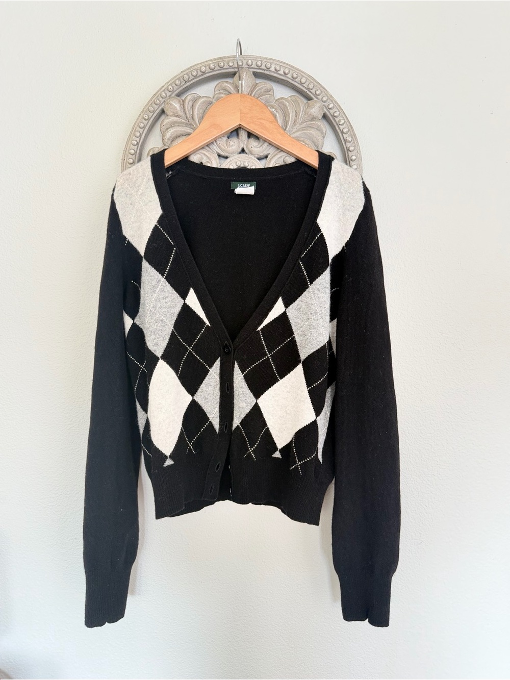 J. Crew Black, White and Grey Argyle Wool/Cashmere Cardigan Sweater - XS